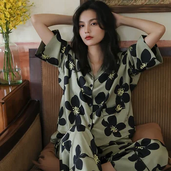 Francoski letnik Natisnjeni pižamo za ženske visoke kakovosti svilo doma oblačila, ki bo ustrezala set ženskih pomlad dolg rokav sleepwear more