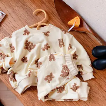 2021 Jeseni Novi Otroci Baby Bear Print Majica Set Za Fante In Dekleta Harem Hlače Obleko Bombaž Otrok, Dolg Rokav Obleka Set