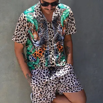 Poletje Živali Tiskanje Moških Določa Majica 2021Hawaii Leopard Kratek Rokav Gumb Majica Plaža Hlače Ulične Priložnostne Plaža Obleko Človek
