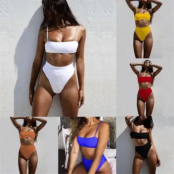 2021 Poletje Seksi Bikini Komplet Ženske Kopalke Barva Bikini Pasu Visoko Kopalke Oblazinjeni Backless Trakov Modrc Kopalke