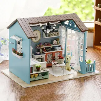 Lutka Hiša Leseno Pohištvo Diy Hiša Miniaturni Polje Puzzle Sestavite 3D Miniaturas Lutke Kompleti za Igrače Za Otroke, Darilo za Rojstni dan
