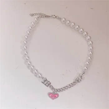 Ženske pearl srce y2k zapestnica collier femme asimetrične ulične nakit roza ljubezen srce čar verige zapestnica ovratnik
