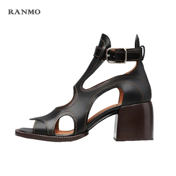 Evropski in Ameriški modni Roman sandali cowhide votlih sandali visokih petah ženske čevlje poletne čevlje za na prostem petah ženske