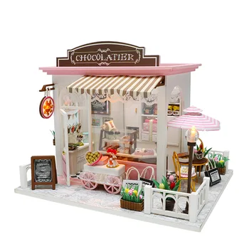 Miniaturni Lutke DIY Lutke z lutko, hiša, pohištvo, Luči Darilo za Otroke, Odrasle, Kakav cafe Hiša
