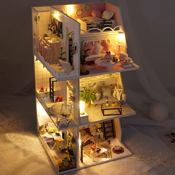 Cutebee DIY Lutke Komplet Lesena Lutka Hiše Miniaturni Lutke Pohištvo Komplet z LED Igrače za otroke Božično Darilo TD21