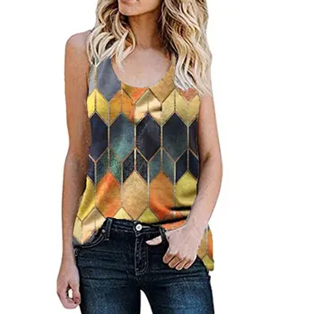 Ženski brezrokavnik geometrijski vzorec tiskanje krog vratu brez rokavov t-shirt majica s kratkimi rokavi ženske za ženske
