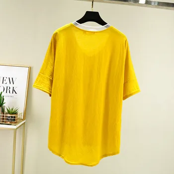 Nkandby Plus Velikost Poletje Ženske T-shirt 2021 Moda korejski Ledu Svile Proti-vrat Očesa Mozaik T Shirt Vezenje Beading Split Vrhovi